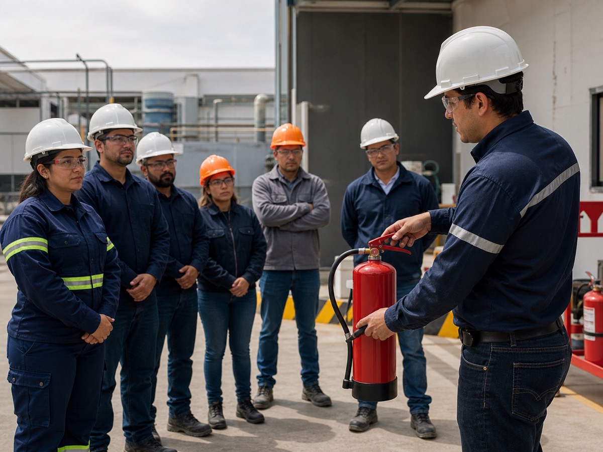 Instructor capacitando a una brigada en el uso correcto de extintores